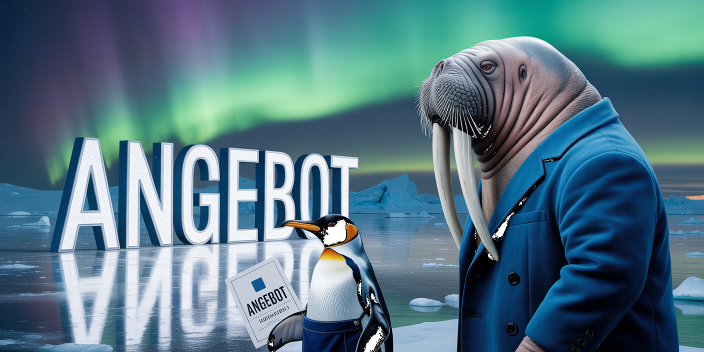 Pinugin hält einen Zettel in der Hand, daneben steht ein Walross