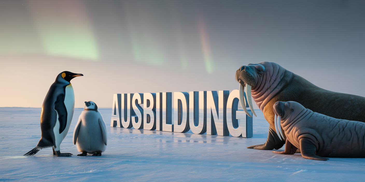 Ein Pinguin mit jungem Pinguin  und ein Walross mit einem jungen Walross