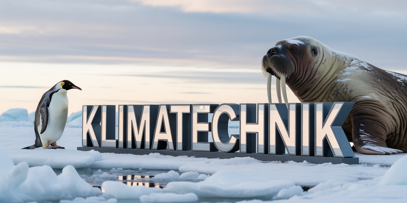 Pinguin und Walross schauen auf die Schrift  Klimatechnik