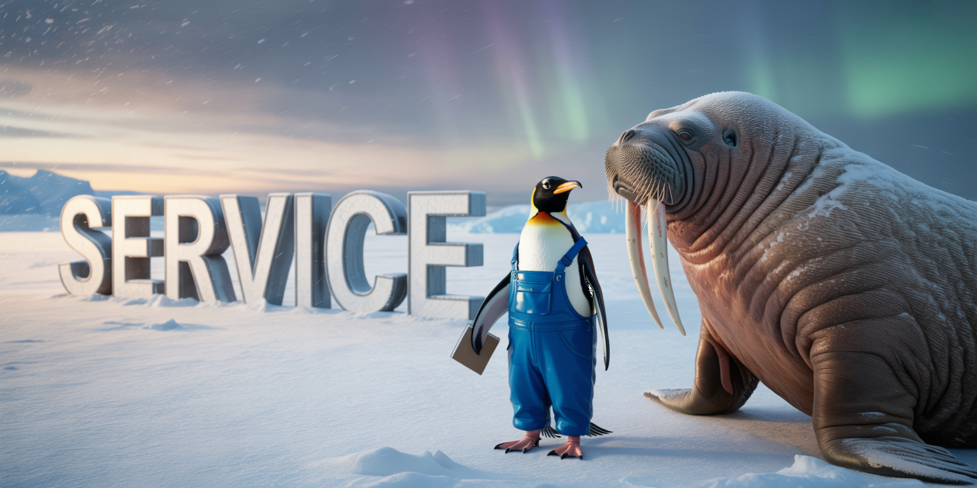 Pinguin mit Notebook schaut zum Waldross